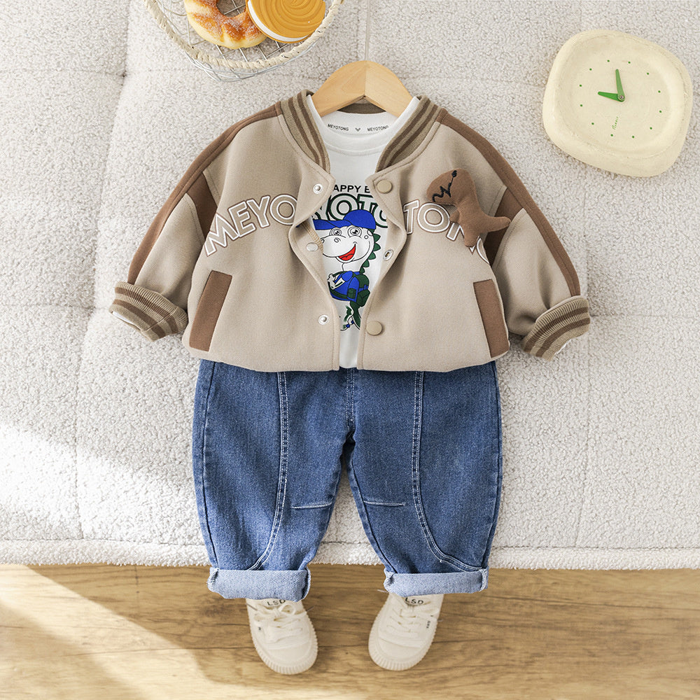 2025 Spring New Baseball Jacket Boys' Cartoon Korean Style Set Denim Huzhou Zhili Children's Clothing