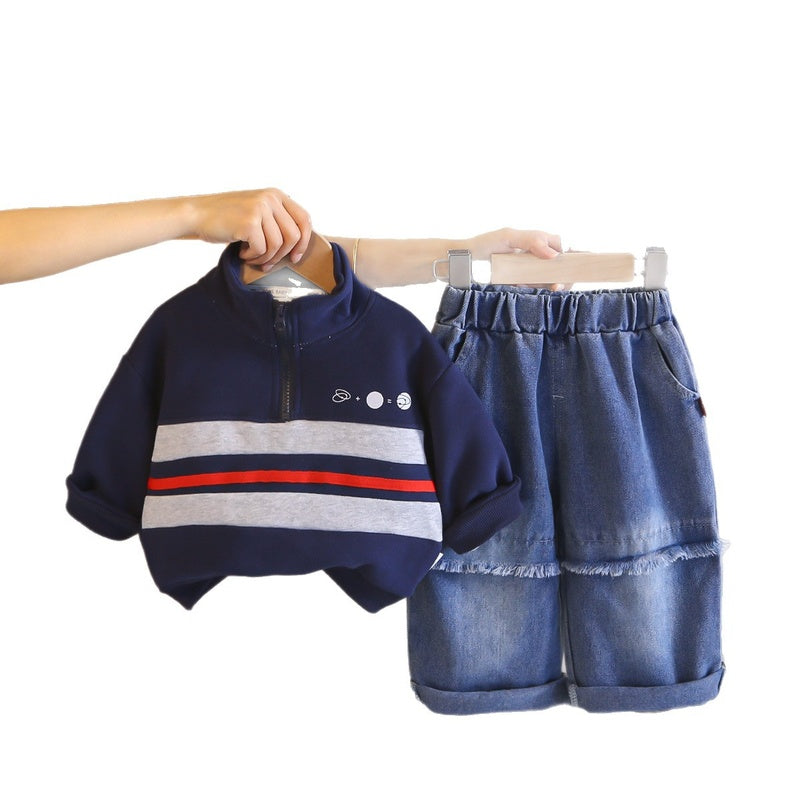 Children's 2026 Spring and Autumn New Korean Style Boys' Fall Outfit Stand Collar Half-Zip Sweatshirt Baby Two-Piece Set Trendy