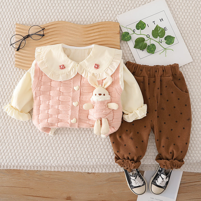 Baby girl spring outfit set, stylish children's clothing for toddlers, 1-3 years old, trendy pocket bunny sweater three-piece set