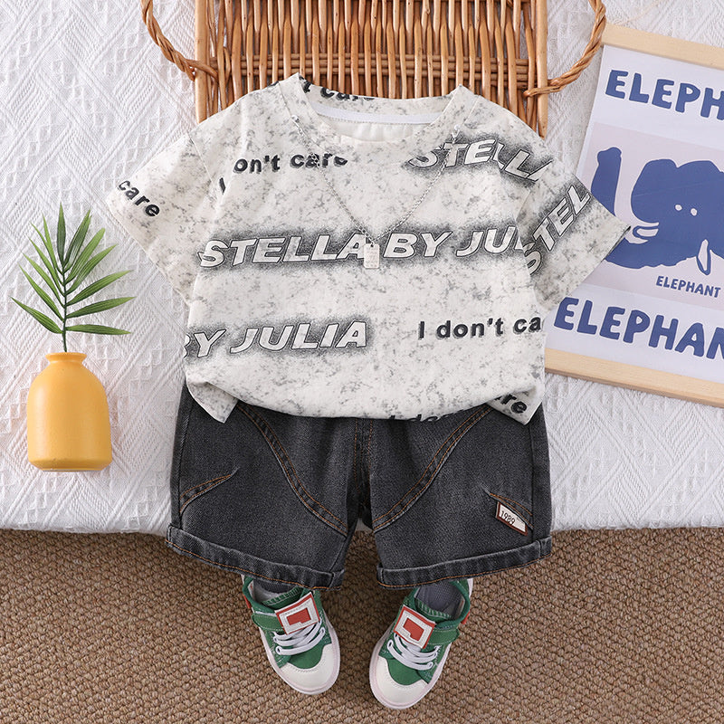 Baby children's clothing summer set, 2026 new stylish clothes for infants and toddlers, boys' two-piece short-sleeve set with letter necklace