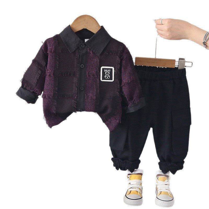 Boys' trendy and autumn style, children's fluffy plaid clothing, stylish baby outfit, two-piece spring outfit for boys