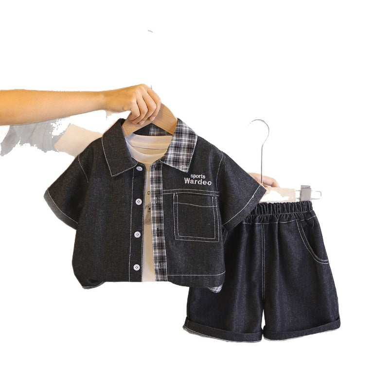 Patchwork Plaid Denim Short Sleeve New Children's Summer Outfit Boys' Clothes Baby Three-Piece Set