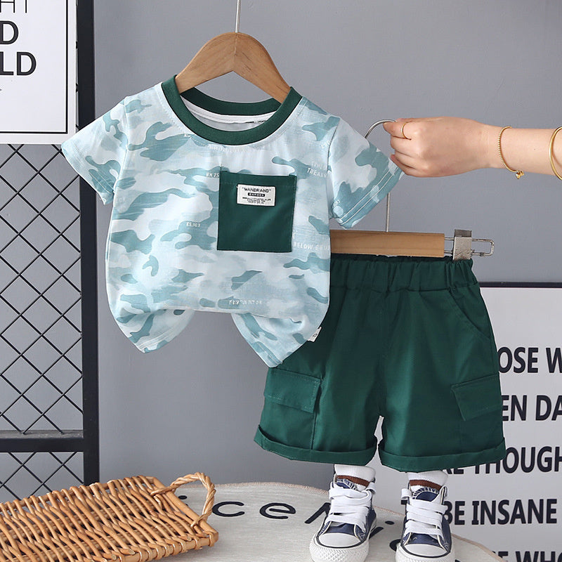 Boys' Short-Sleeve 2026 New Summer Outfit Baby Stylish Korean Version Children's Round Neck Pocket Two-Piece Set Trendy