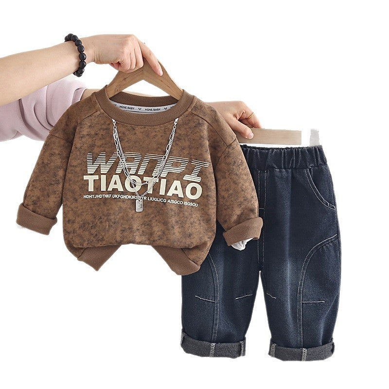 Baby Autumn Sweatshirt 2026 New Model Boys' Spring Long-Sleeve Letter Necklace Two-Piece Set for 1-3 Year Olds and 5-Year-Olds