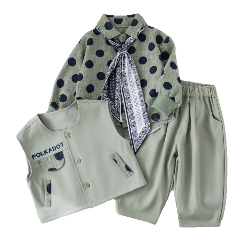 Boys' outfit set, stylish baby boy spring and autumn fashion trendy infant toddler clothing polka dot round-neck suit three-piece set