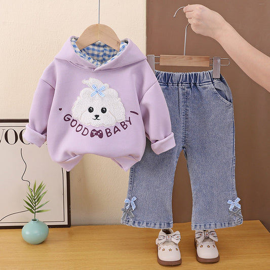Girls' Outfit 2026 New Fashionable Cartoon Puppy Hooded Sweatshirt Set Baby Autumn Stylish Children's Clothing