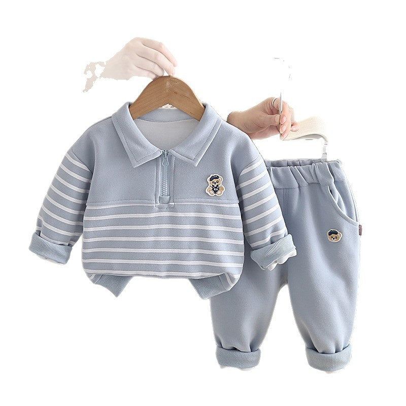 Baby Boy Outfit Set 1-3 Years Old, Korean Style Half-Zip Striped Bear Two-Piece Set, Boys' Infant Clothes for Spring and Autumn