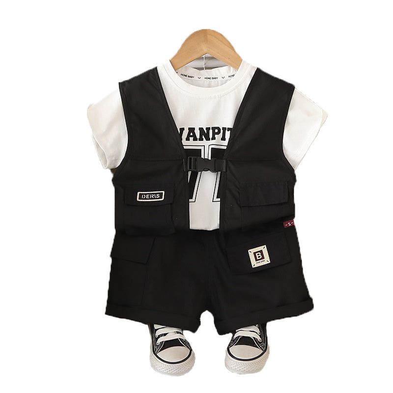 Boys' Outfit Set 2026 New Style Young Children, Short-Sleeve Vest Three-Piece Set, Stylish and Cool for Babies in Summer