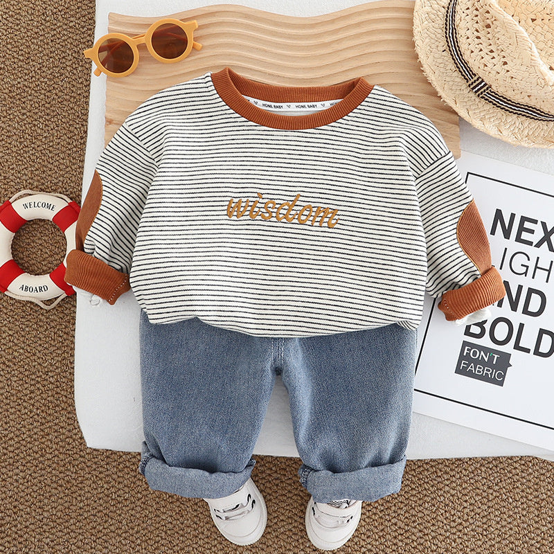 Boys' Stylish New 2025 Baby Spring Outfit Children's Clothing Striped Embroidered English Two-Piece Set