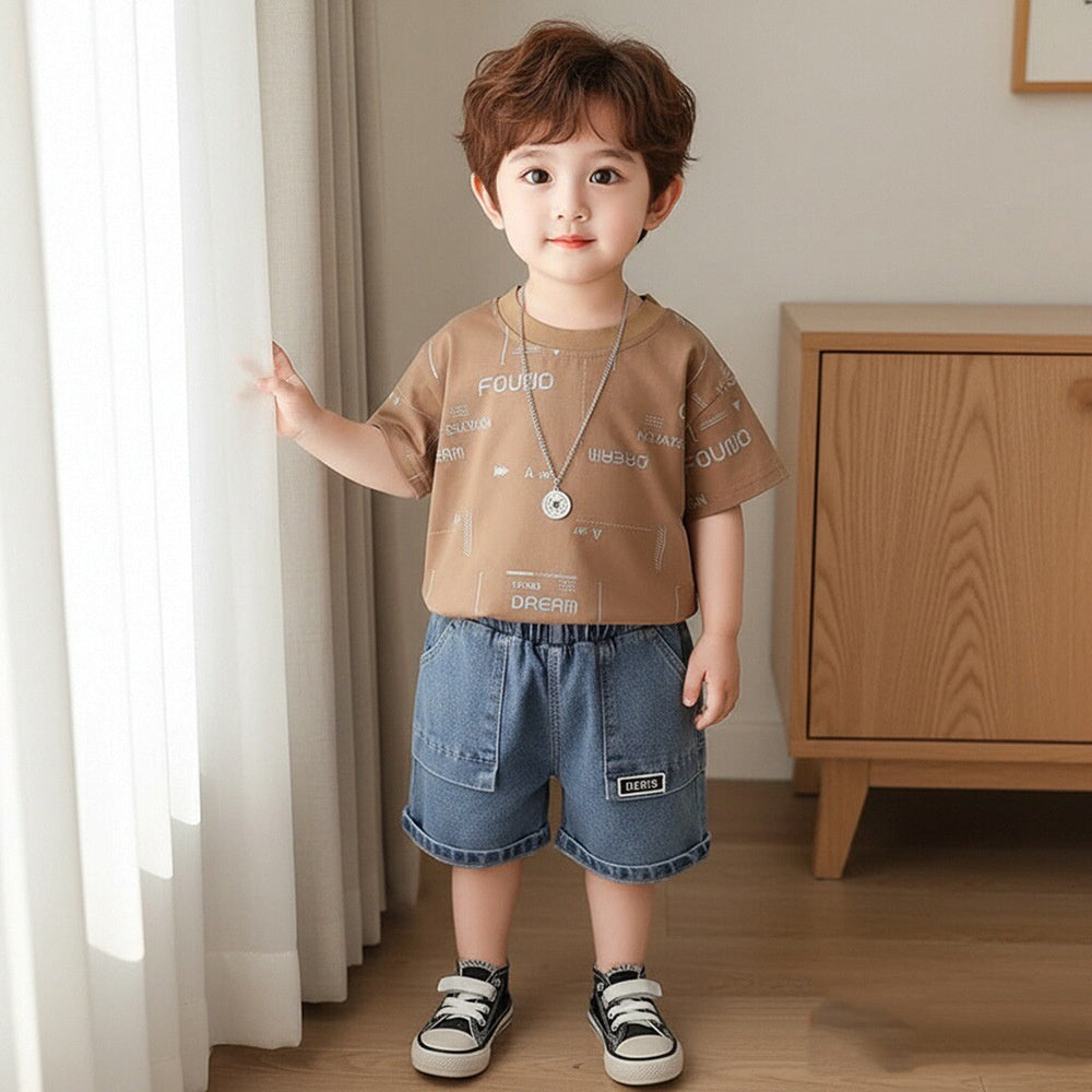 Boys' Summer Outfit 2026 New Fashionable Toddler Stylish Full Silver Letter Print Short Sleeve Two-Piece Set for Boys