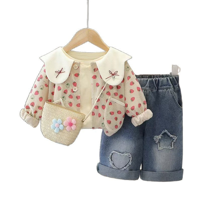 Girls' Spring Outfit Fashionable Stylish Children's Girl Clothes 1-3 Years Old Baby Strawberry Doll Collar Three-Piece Set Trendy