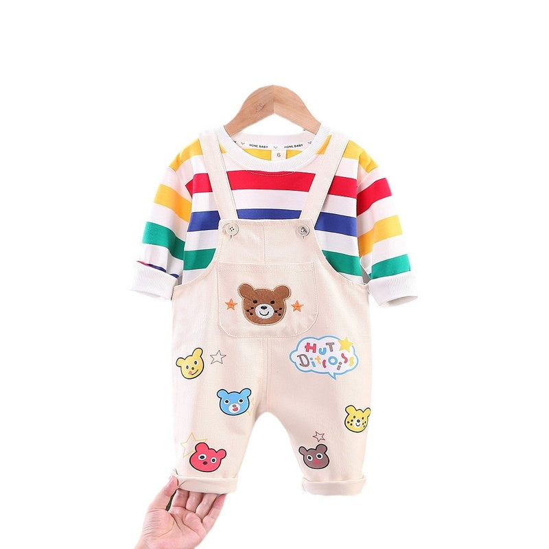 Spring New Boys' Fashion Street Style Full Print Bear Head Strap Two-Piece Set Trendy Long Sleeve Outfit Direct Sale
