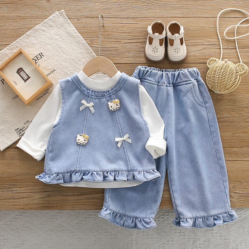 Girls' Autumn Outfit 2026 Spring-Autumn New Style Children's Long-Sleeve Bowknot Kitten Three-Piece Set for Stylish Babies