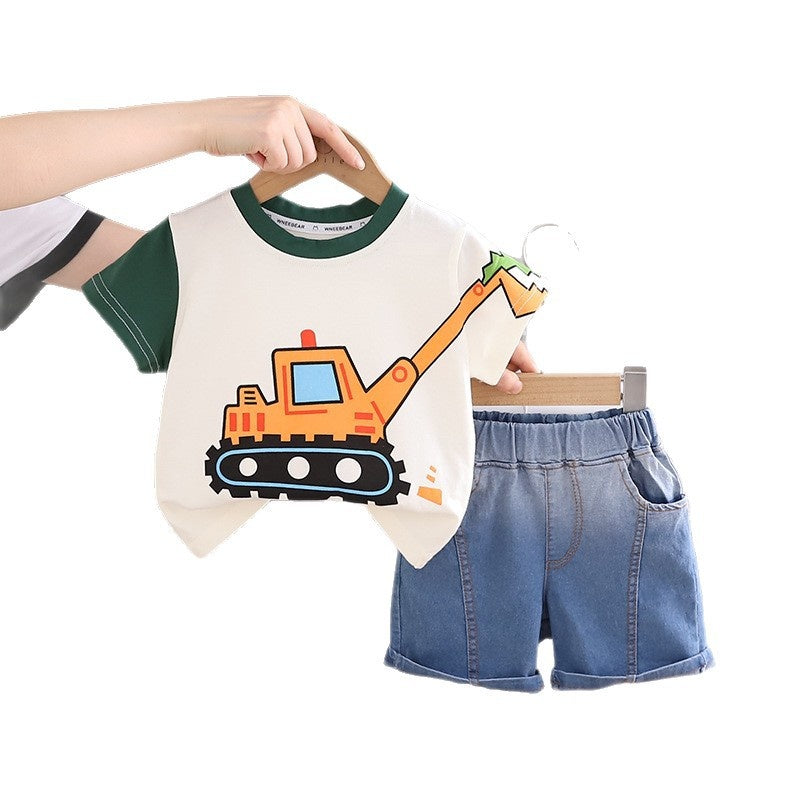 Boys' Outfit 2026 New Style Baby Summer Thin Cartoon Excavator Clothes Trendy Children's Short Sleeve Two-Piece Set
