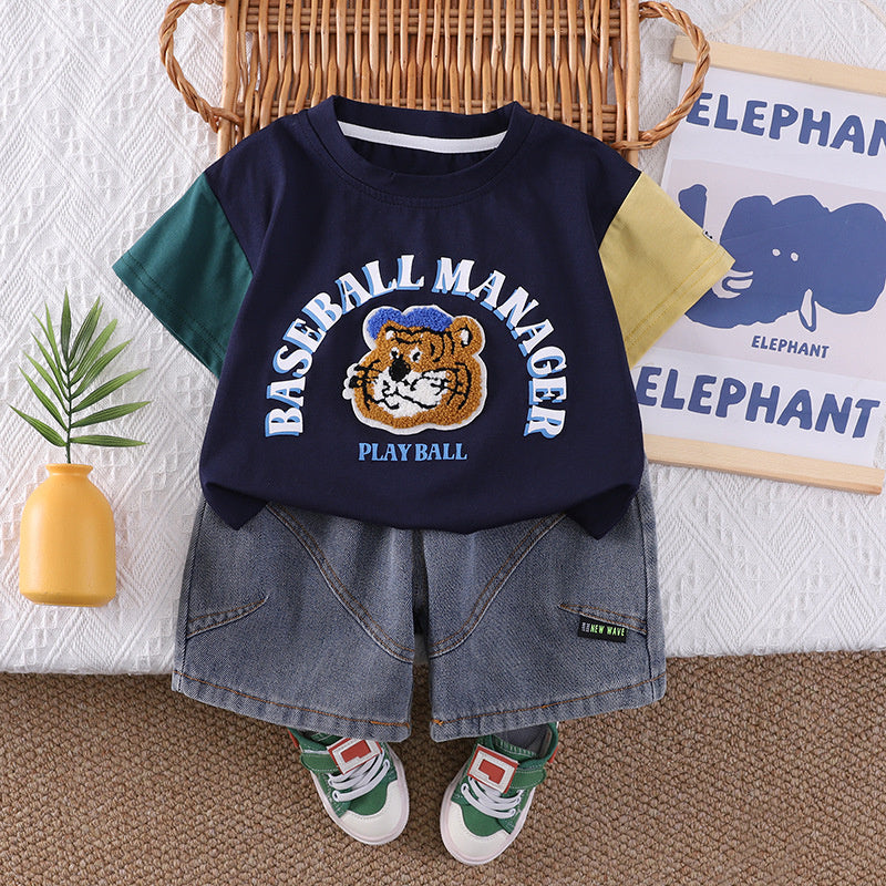 Boys' Outfit 2026 New Children's Cartoon Animal Clothes Baby Summer Thin Color-Block T-Shirt Two-Piece Set