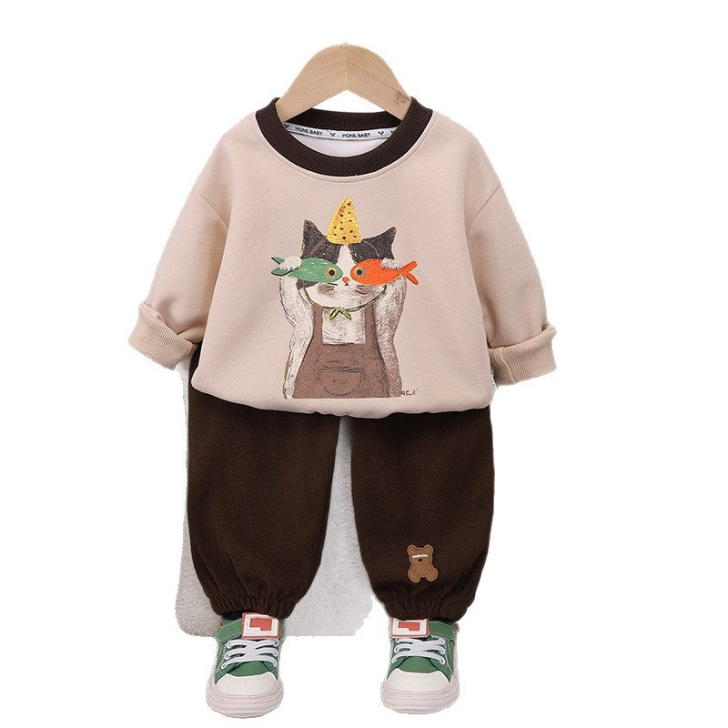 Boys' stylish kitten sweatshirt two-piece set, baby's autumn cool toddler cartoon clothing, trendy infant wear