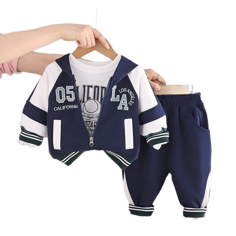 Boys' 2026 Spring and Autumn Color Block Baseball Jacket English Long Sleeve Sports Fashion Toddler Three-Piece Set Wholesale