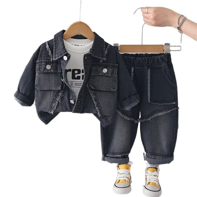 Boys' Outfit 2026 New Fashionable Children's Spring and Autumn Baby Casual Three-Piece Set with 3D Frayed Edge Denim
