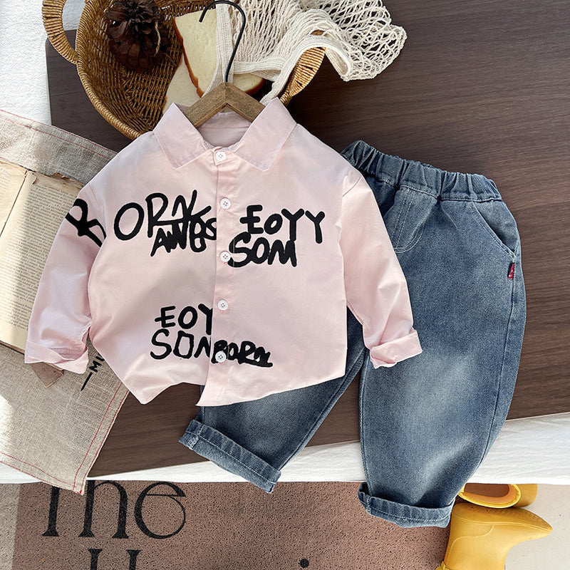 Boys' Outfit: Letter Print Shirt Set, Casual Trendy, Long Sleeve Two-Piece Set for Babies Toddlers in Spring and Autumn