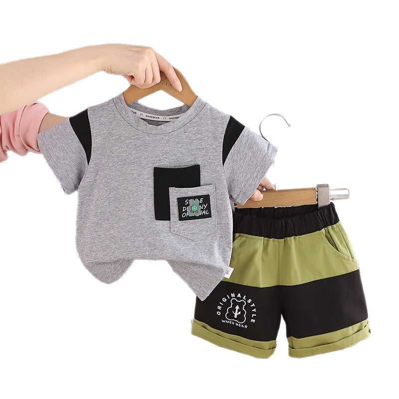 Boys' Outfit 2026 New Children's Clothing Summer Double Pocket Patchwork Bear Short Sleeve Two-Piece Set Baby Trendy
