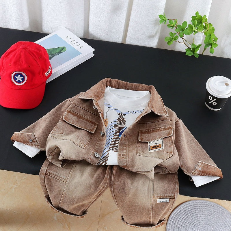 Boys' Outfit 2026 New Fashionable Spring and Autumn Baby Denim Pocket Jacket Casual Three-Piece Set Trendy