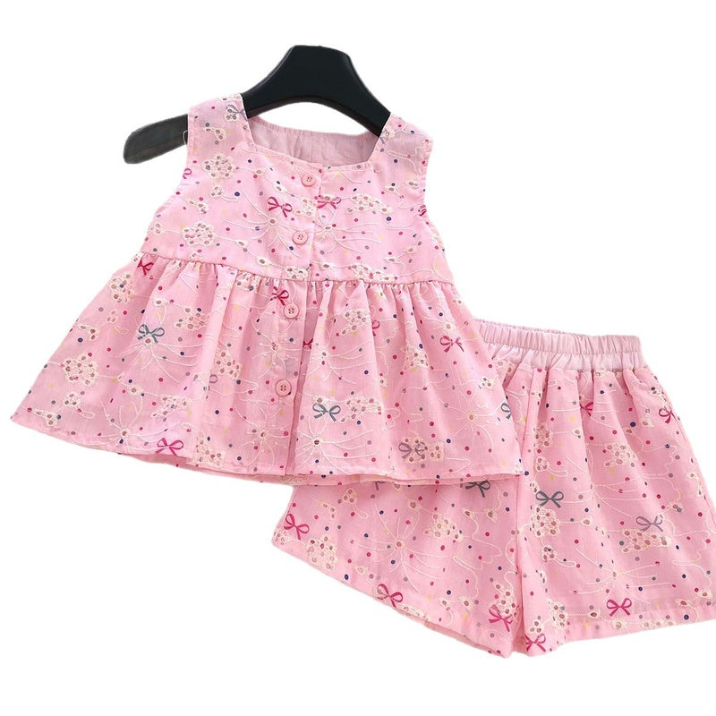 2026 Spring/Summer New Girls' Outfit Cute Bow Embroidered Sleeveless Top and Shorts Two-Piece Set with Hat