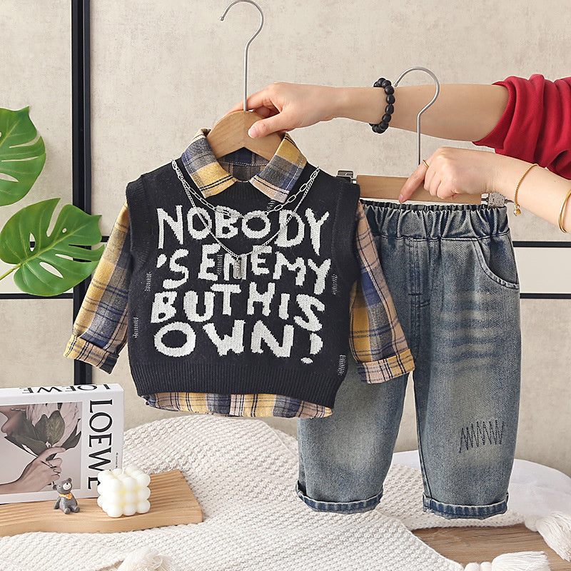 Baby clothes fashion Korean style full-body letter sweater three-piece set for one-year-old boys, trendy spring and autumn outfit
