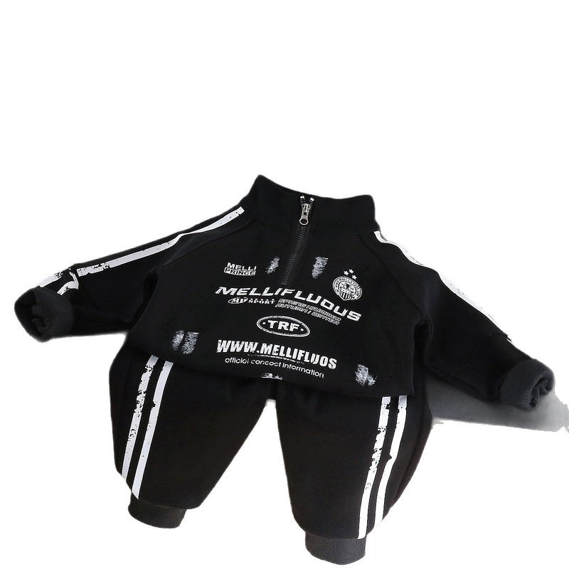 Boys' Outfit, Stylish New 2026 Baby Half-Zip Sweatshirt Two-Piece Set, Cool Long-Sleeve Spring and Autumn Clothing