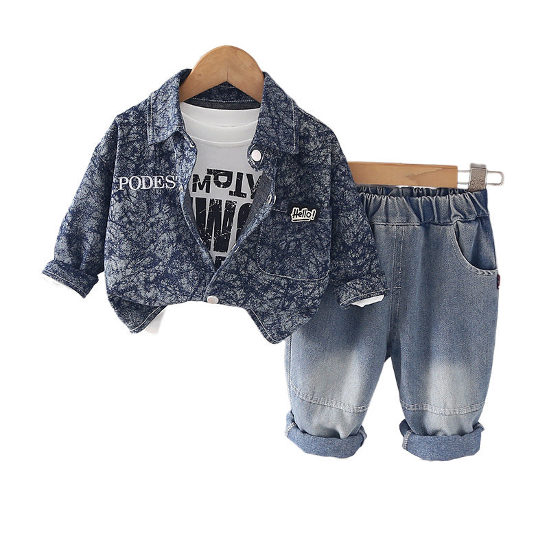 Boys' Outfit 2026 New Style Infant Children's Spring and Autumn Long Sleeve Denim Casual Three-Piece Set Baby Boy Clothes Trendy