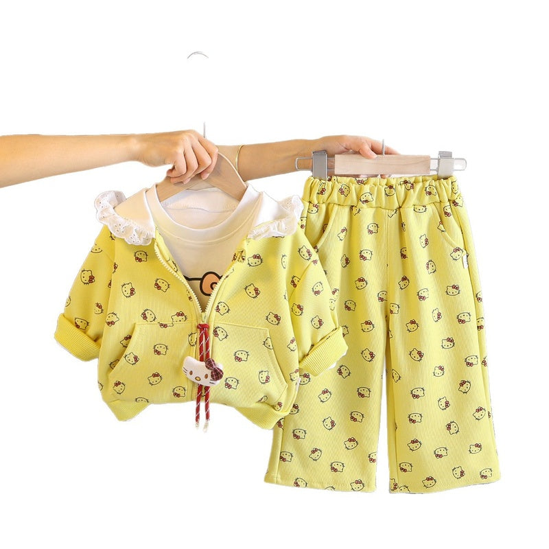 Girls' Outfit Set, Stylish Baby Spring Autumn Full-Body Cartoon Clothes, Infant and Little Girl Three-Piece Set Wholesale