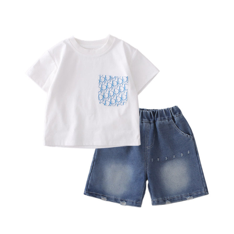Baby Outfit 2026 New Summer Style Boys' Letter Pocket Short Sleeve Shorts Two-Piece Set Children's Sports Trend