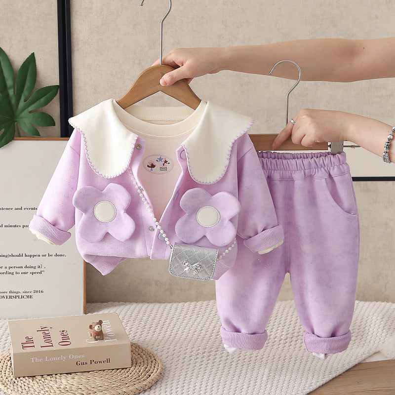 Baby girl autumn outfit set, Korean style fashionable outing clothes, baby floral pocket bag clothing, trendy three-piece set for girls