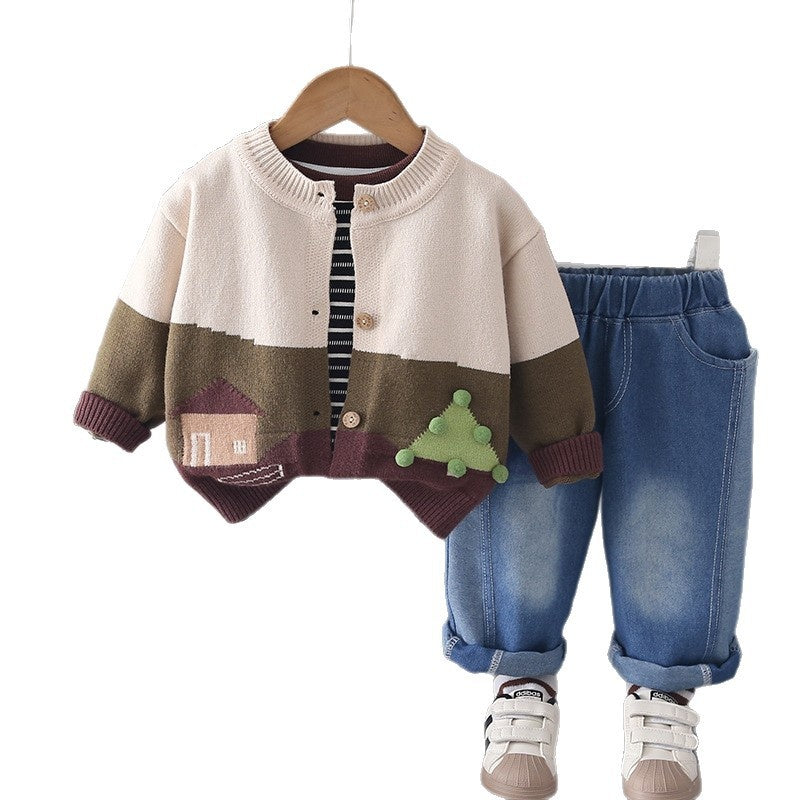 Boys' Outfit Set, New Spring Autumn Style Infants and Children, Stylish Korean Version House Sweater Long Sleeve Three-Piece Set for Boys