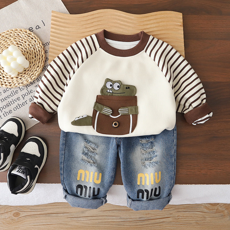 Boys' 3D Dinosaur Sweatshirt Set, Stylish and Autumn 2-Year-Olds, Cute Children's Clothing Boys, Spring Outfit for 1-Year-Old Baby