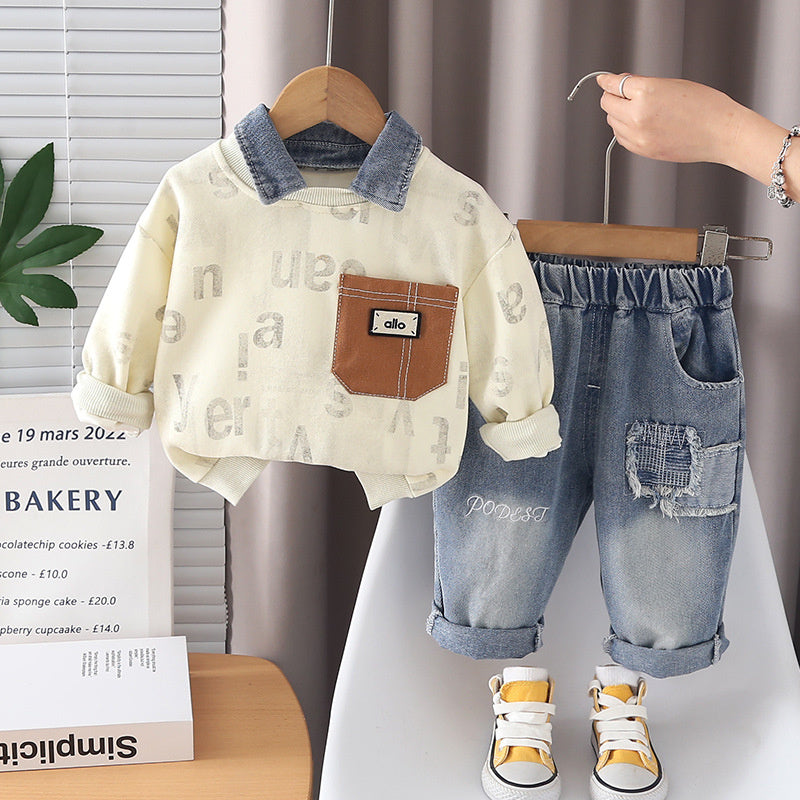 1-year-old boy's stylish spring sports outfit, trendy 3-piece baby spring/autumn full-print letter sweatshirt two-piece set for infants