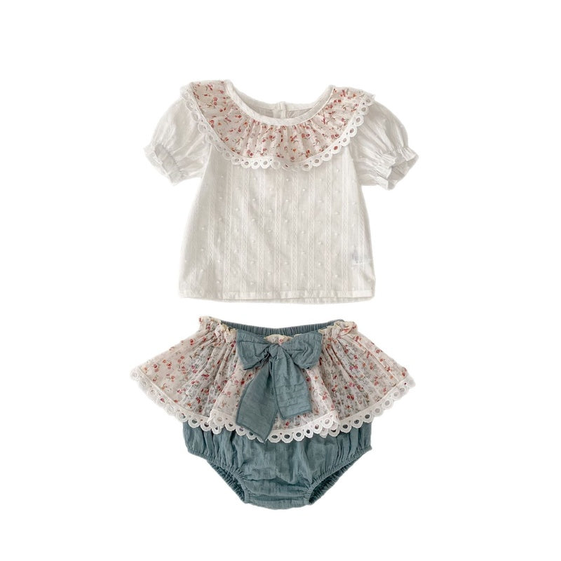 Baby Clothes 2025 Summer New Cute Printed Collar Short Sleeve Top Romper Skirt Pants Two-Piece Set for Girls