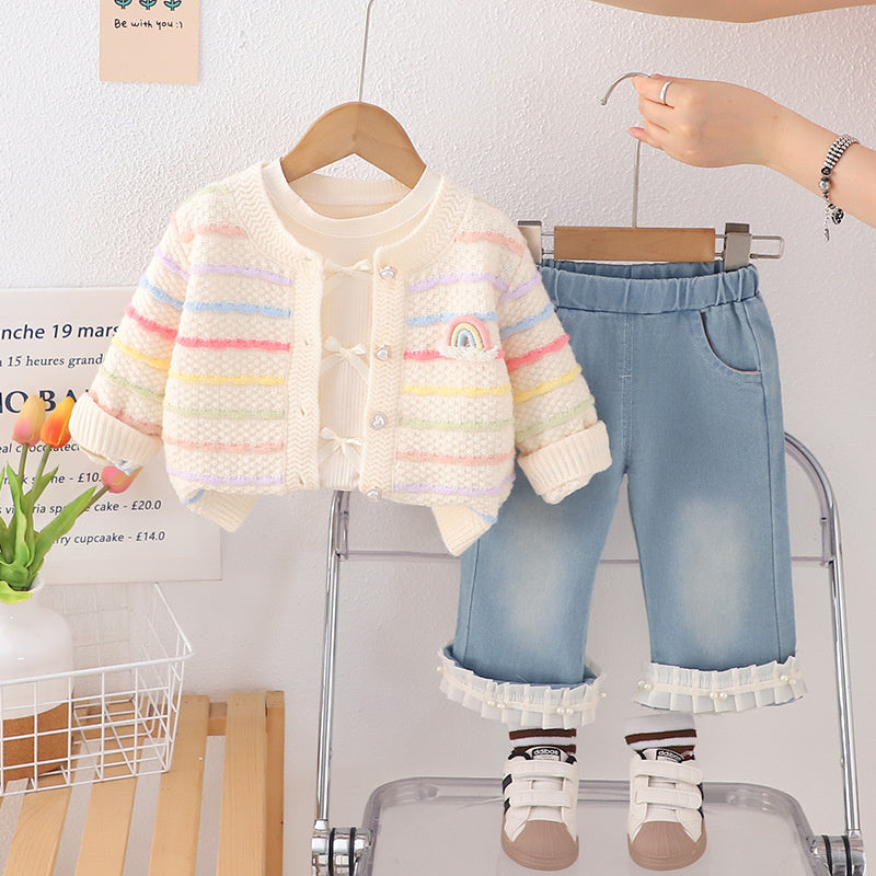 Girls' Outfit Spring and Autumn Colorful Sweater Cardigan Three-Piece Set Stylish for 2-Year-Old Girls 1-Year-Old Baby Girl Clothes