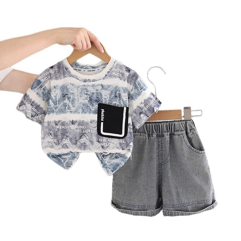 Stylish outfit baby boys: ripped letter print short-sleeve set, two-piece clothing infants and children, trendy summer wear for boys