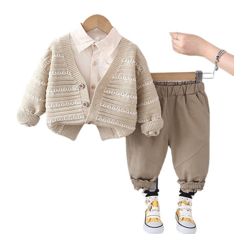 Spring and 2025 New Children's Clothing Baby Wave Sweater Three-Piece Set Boys' Autumn Clothes