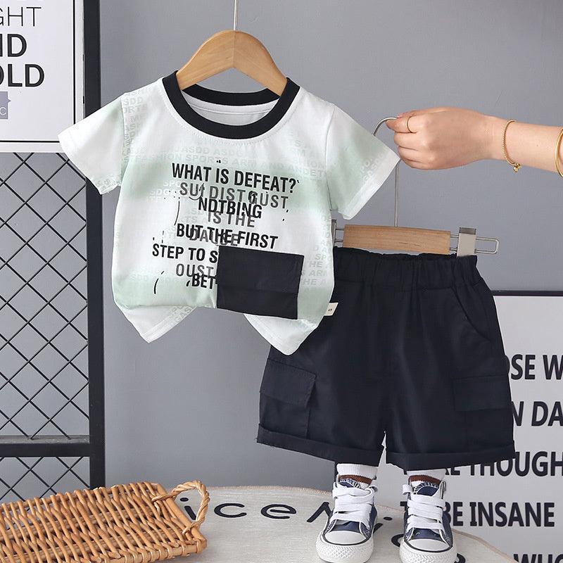 Baby boy short-sleeve two-piece set 2026 new children's summer clothing thin gradient wide stripe pocket suit for boys