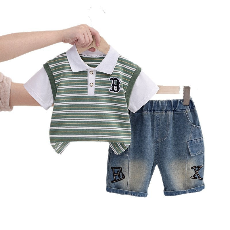 Children's Summer Outfit 2026 New Style Boys' Stylish Thin Striped Short-Sleeve Shirt Casual Two-Piece Set for Toddlers