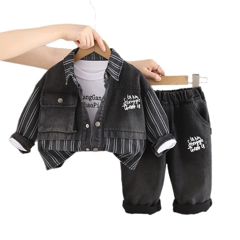 Boys' Spring and Autumn Casual Outfit 2026 New Style Baby Fall 1-3-5 Years Old Vertical Stripe Patchwork Denim Three-Piece Set Trendy