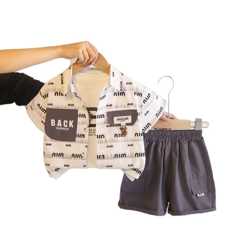 Boys' Short-Sleeve 2026 New Stylish Baby Summer Clothes Trendy Three-Piece Set with Pocket Cover and Bear Design