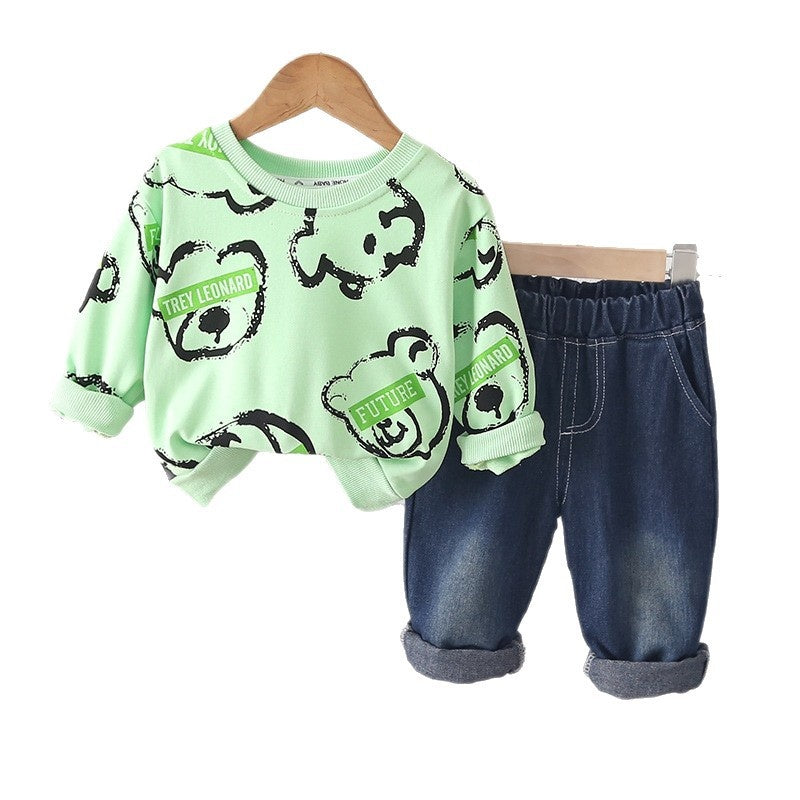 Baby outfit, full-print bear head sweatshirt two-piece set for 3-6-12 months old boys, spring and autumn cartoon clothing