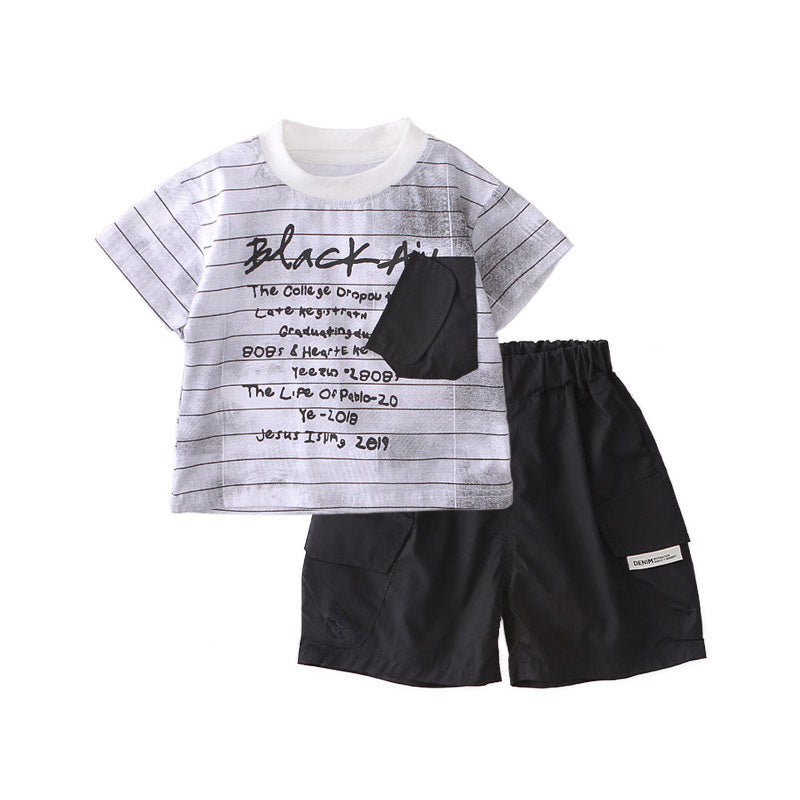 Boys' Outfit 2026 New Fashionable Two-Piece Set Baby Summer Striped Letter Pocket Short Sleeve Infant Trendy Clothing