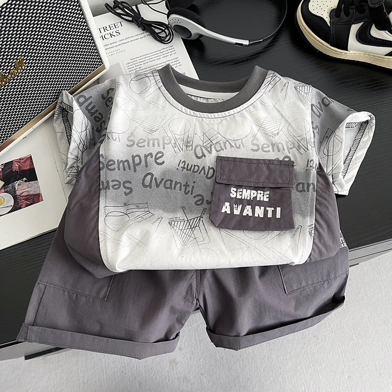 Boys' Summer Outfit 2026 New Style Infant Children's Clothing Thin for 1-3 Years Old, Baby English Pocket Short Sleeve Two-Piece Set