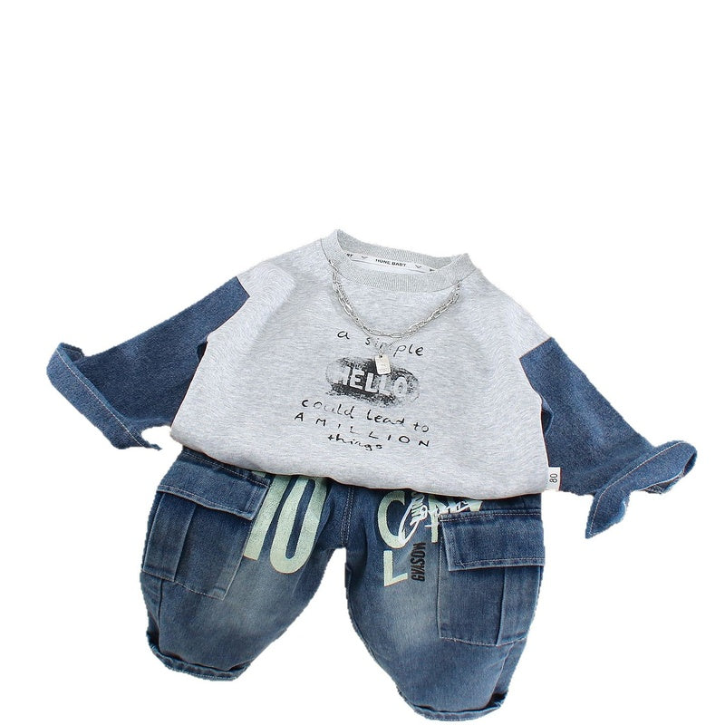 Boys' Outfit 2026 New Style Infant Children's Spring and Autumn Letter Patchwork Sweatshirt Two-Piece Set for Stylish Baby Boys