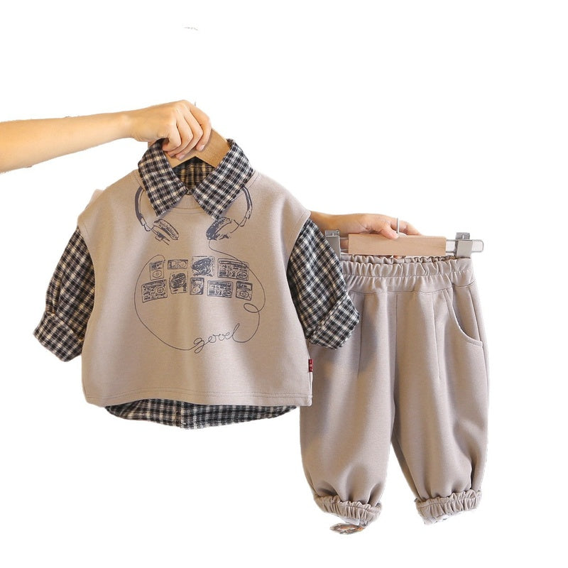 Boys' outfit new children's clothing, Korean-style plaid earphone vest three-piece set, fashionable stylish for toddlers in spring and autumn