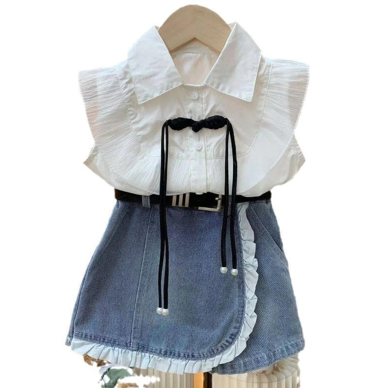 Girls' Princess Style Outfit 2024 Summer New Baby Girl Flutter Sleeve Shirt + Denim Lace Skirt Pants Two-Piece Set