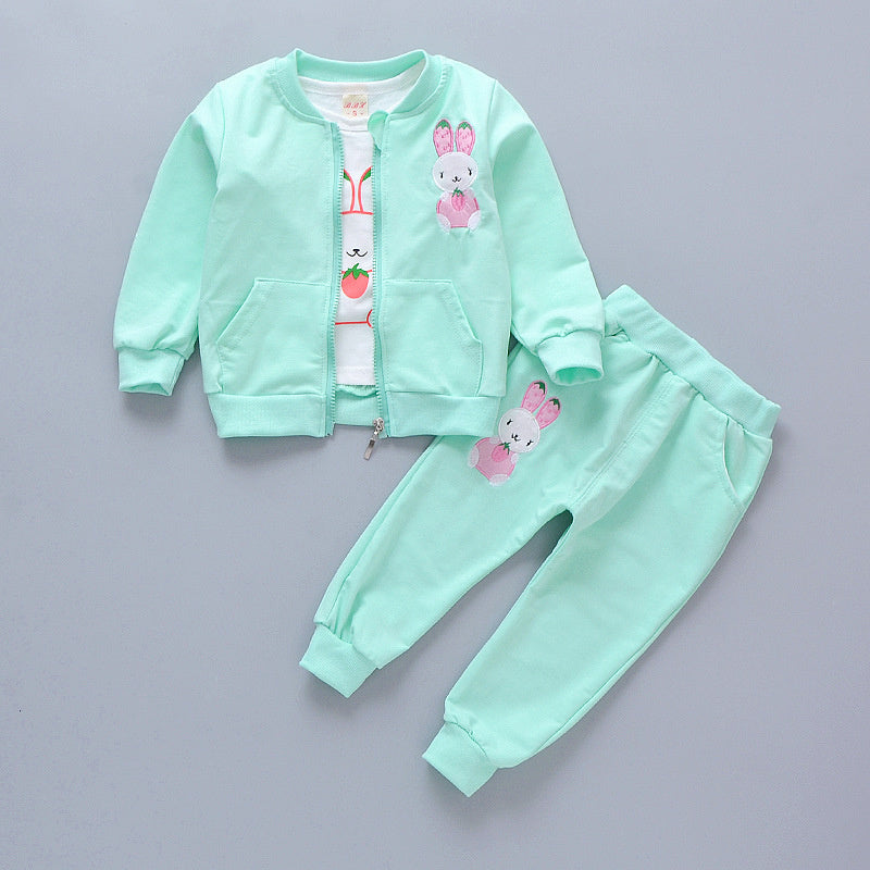 Children's clothing stylish outfit 2026, spring and autumn wear 2-3 year old little girls, long-sleeved cartoon three-piece set for toddlers 7